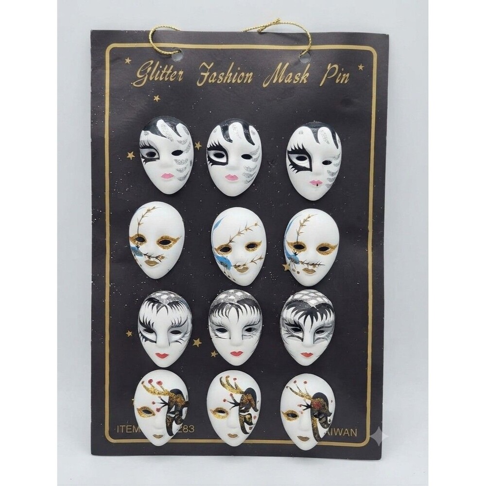 Vintage Glitter Fashion Mask Pins Set – Venetian Style Masquerade Brooches (12